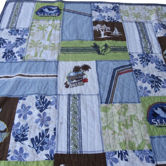 Pottery Barn Aloha Surf Twin Patchwork Quilt & Sham Kayak Blue Hawaii California - Picture 1 of 8
